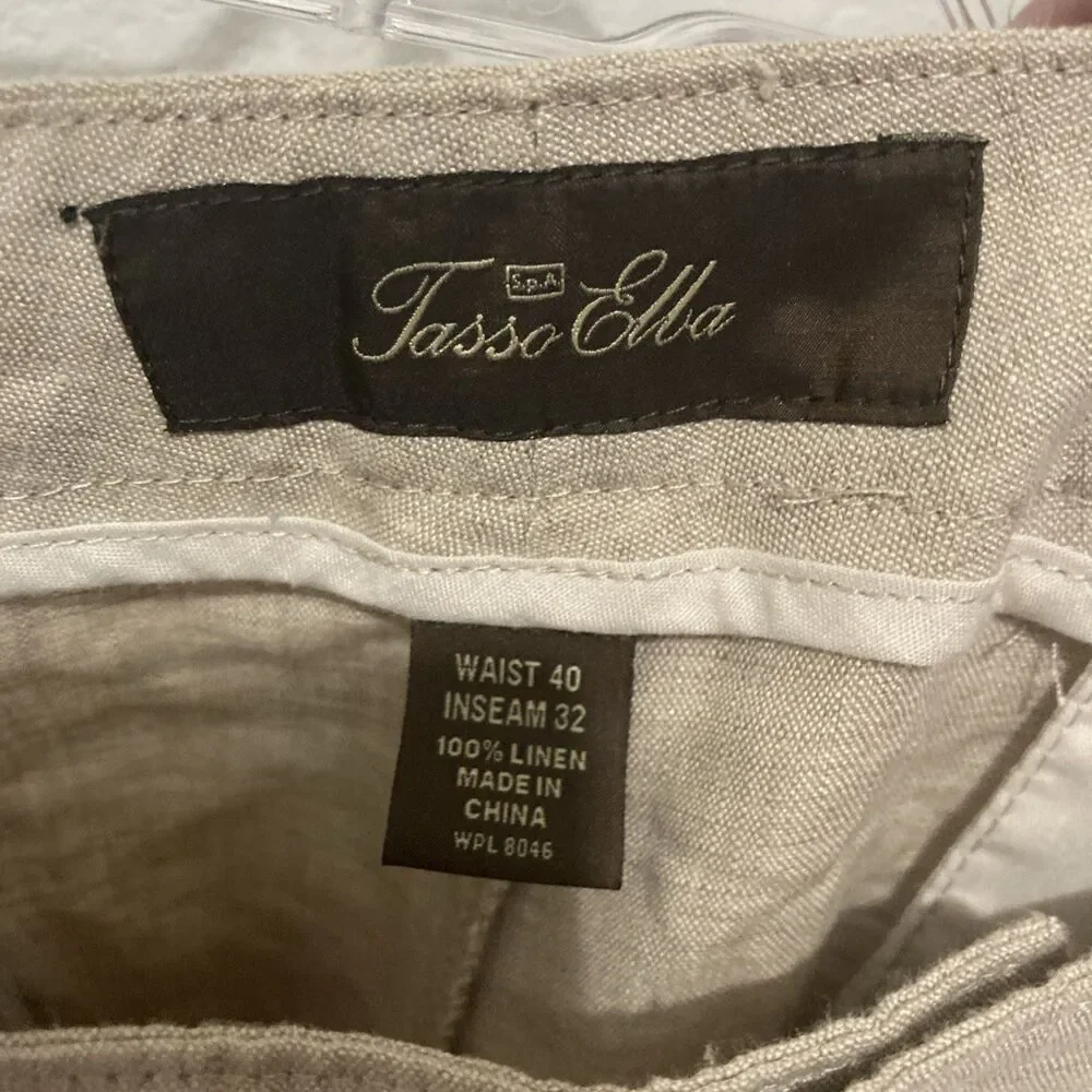 NWT TASSO ELBA beige flat front zip fly linen straight leg dress pants 40/32